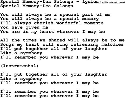 Love Song Lyrics for:Special Memory-Lea Salonga