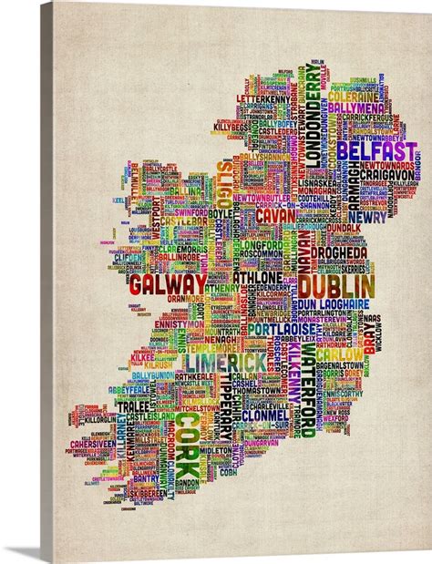 Irish Cities Text Map Multicolor On Parchment Wall Art Canvas Prints Framed Prints Wall