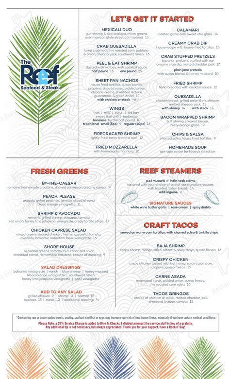 Menu At The Reef Seafood Steak Steakhouse Wilmington