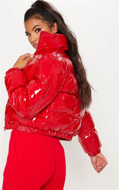 Red Cropped Vinyl Puffer Coats And Jackets Prettylittlething Usa