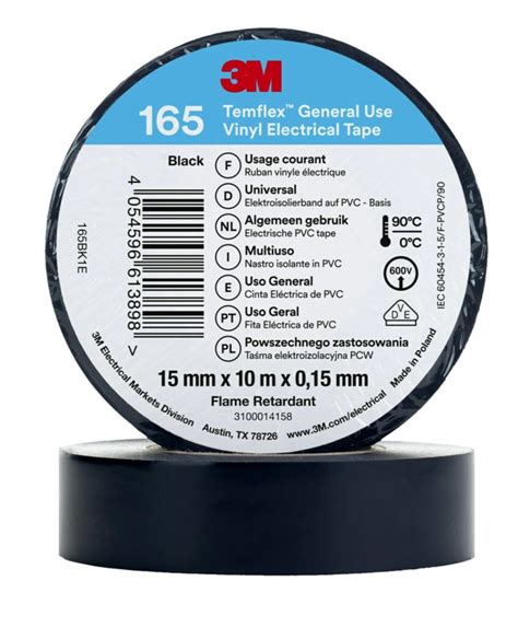 3M 165 Black 15mm X 10m 3M 3M Temflex 165 Black Vinyl Electrical Tape