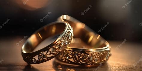 Premium Photo A Pair Of Gold Wedding Rings On Blurred Background