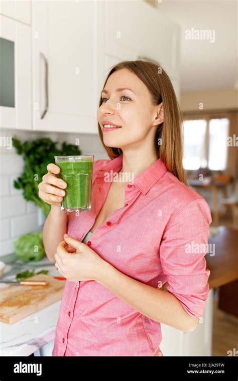 Healthy Meal Happy Beautiful Smiling Woman Drinking Green Detox