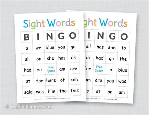 Free Printable Sight Word Bingo Cards