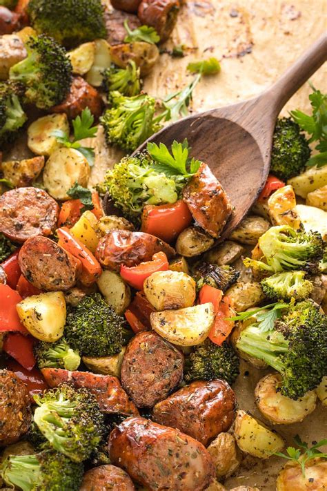 Sheet Pan Chicken Sausage With Broccoli Peppers And Potatoes Nourish And Fete