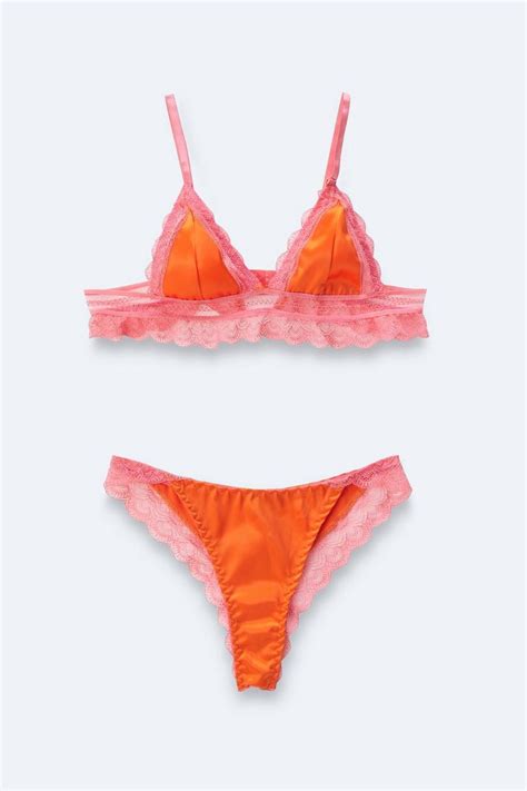 Satin Contrast Lace Scallop Triangle Lingerie Set Boohoo Uk