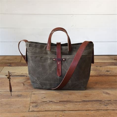 Waxed Canvas Bag With Leather Straps Genderless Shoulder Bag Etsy