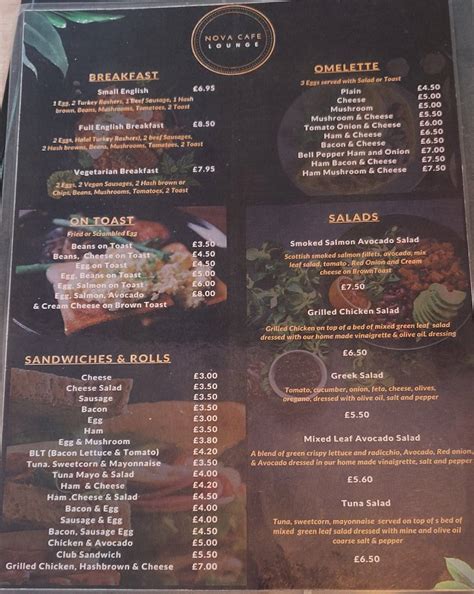 Menu at Nova Cafe Lounge, London