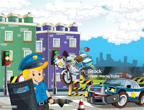 Cartoon Scene Met Politie Auto Motor En Politieagent Op Patrouille