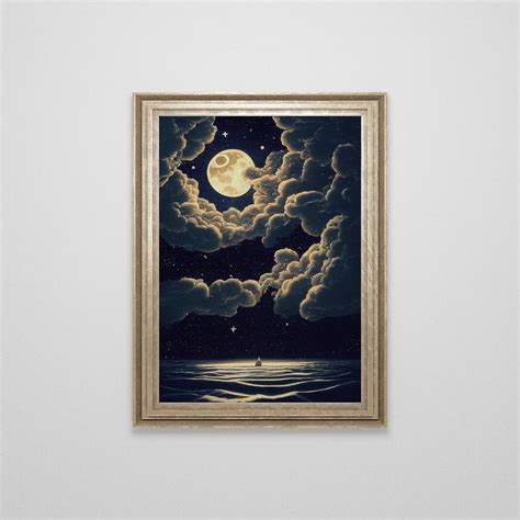 Vintage Full Moon And Ocean Oil Painting Night Landscape Moon Art Ocean