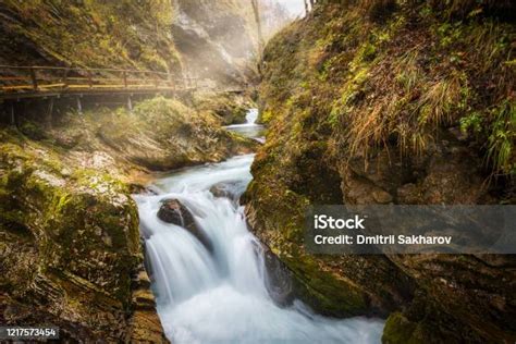 Air Terjun Dan Jalur Kayu Yang Indah Di Ngarai Vintgar Dengan Sinar