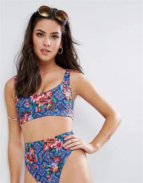 Asos Design Mixed Floral Tile Print Crop Bikini Top Multi In