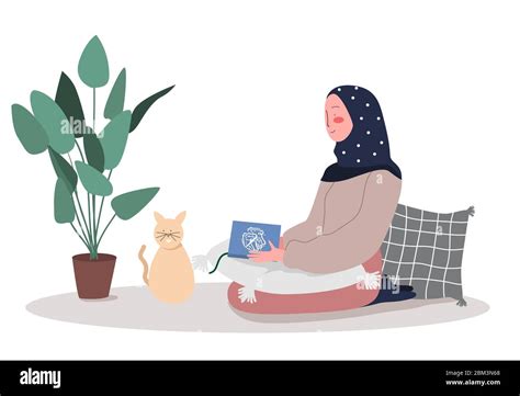 Muslim Woman Reading Quran Sitting During Ramadan Kareem Vector Flat