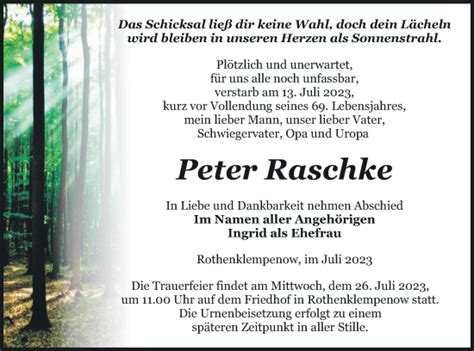 Traueranzeigen Von Peter Raschke Trauer Nordkurier