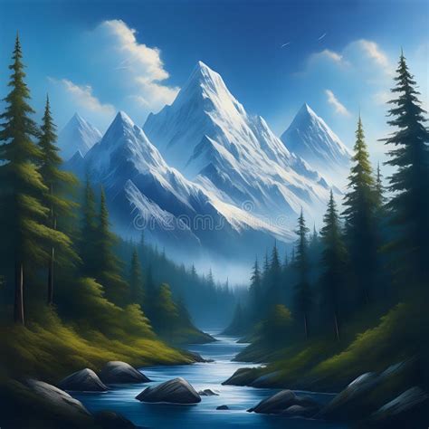 Stunning Mystical Mountain Landscape With Tall Snowy Peaks And Dense