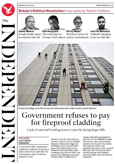 The Independent (UK) Front Page for 28 June 2017 | Paperboy Online ...