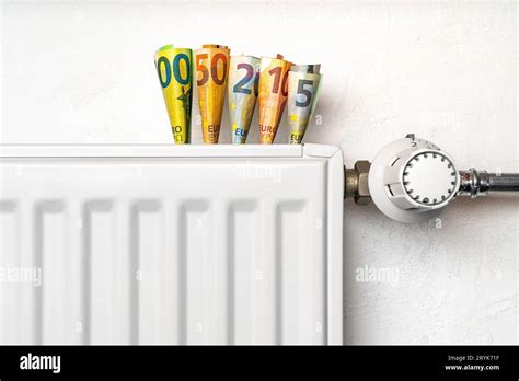 Cost Of Living Crisis Euro Money On A Home Radiator Heater Rising Cost Of Energy And Bills