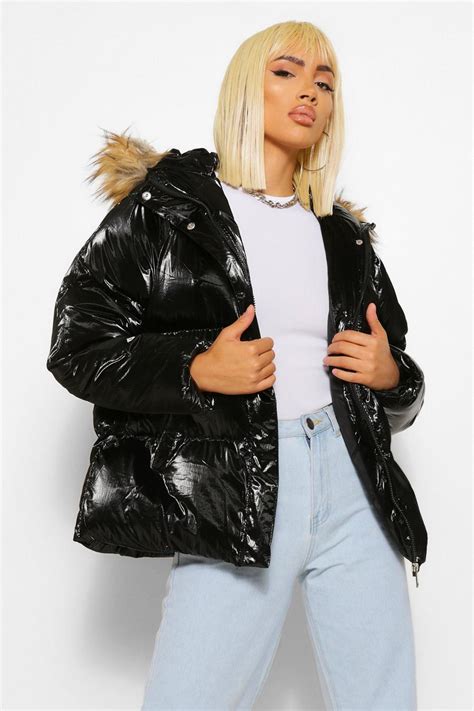 Womens Plus Faux Fur Hood Shiny Parka Puffer Jacket Boohoo Uk