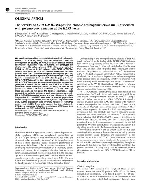 Pdf The Severity Of Fip1l1 Pdgfra Positive Chronic Eosinophilic