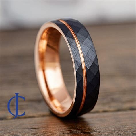 Rose Gold Black Wedding Band Hammered Black Tungsten Ring Etsy