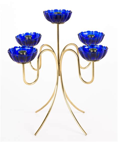 Blue Glass Brass Candle Holder By Gunnar Ander For Ystad Metall