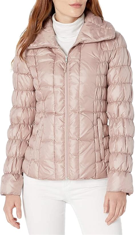 Kenneth Cole New York Womens Ruched Quilted Hooded Packable Down Down