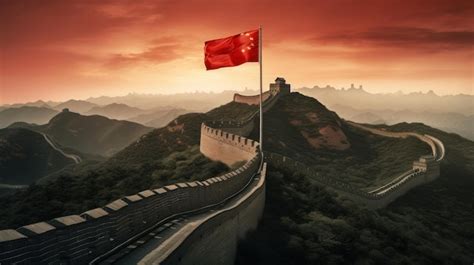 Premium AI Image | China flag on the great Wall of China landscape