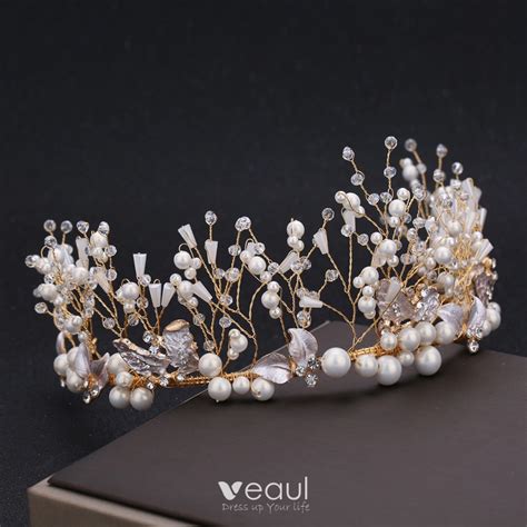 Chic Beautiful Gold Bridal Jewelry Metal Tiara Earrings Ivory