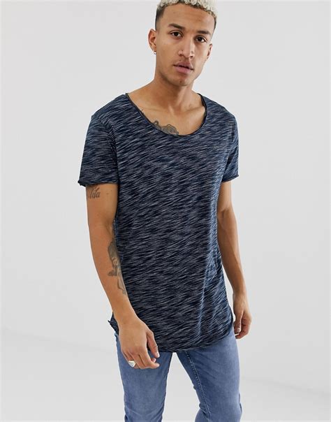 Asos Design Super Longline T Shirt With Curved Hem And Deep Scoop Neck In Navy Interest Fabric