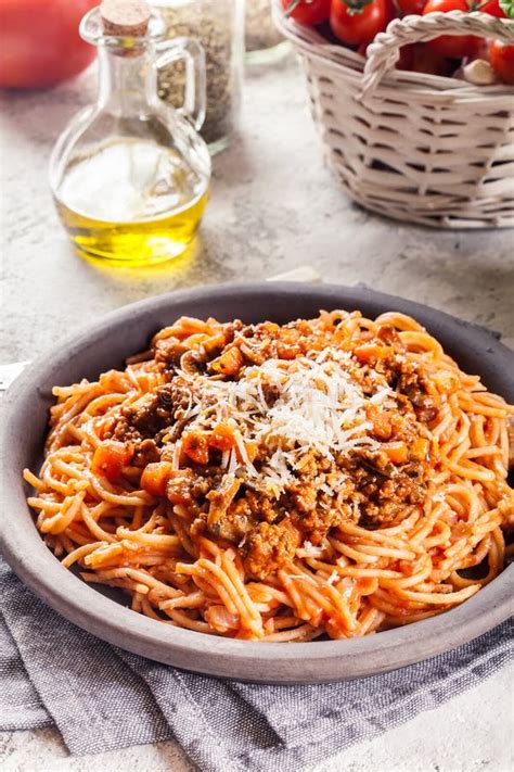 Spaghetti Bolognese with Mushrooms and Cheese Stock Photo - Image of cooked, cheese: 207263266