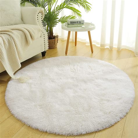 Chicrug Fluffy White Round Area Rugs For Girls Bedroom 4x4 Feet Shaggy