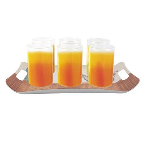 Buy Borosil Vision Glasses 295ml Set Of 6 With Melamine Tray Size Medium Aqua Online At Low