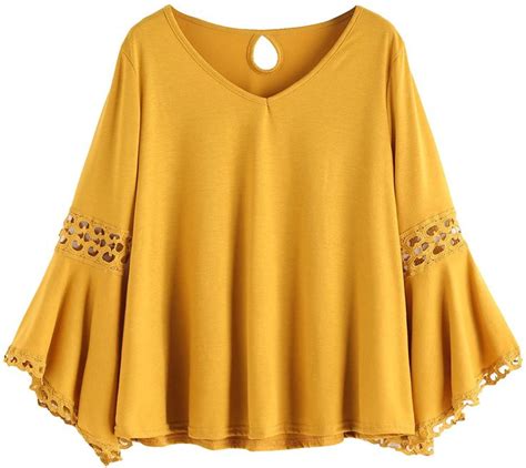 Makemechic Womens Bell Sleeve V Neck Contrast Crochet Lace Tee Shirt