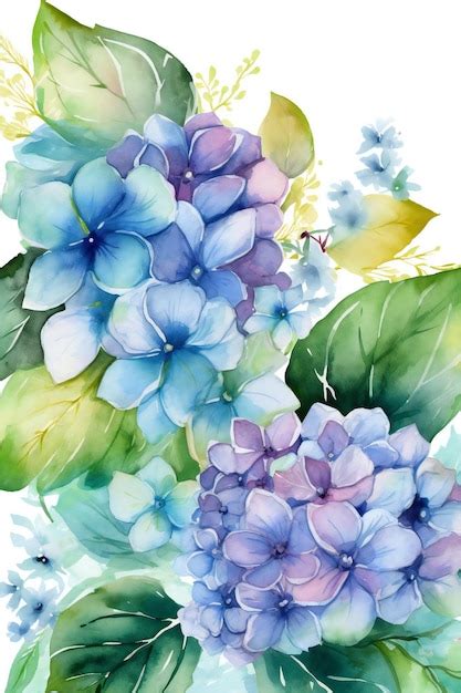 Una Pintura De Acuarela De Flores De Hortensias Azules Con Hojas Verdes