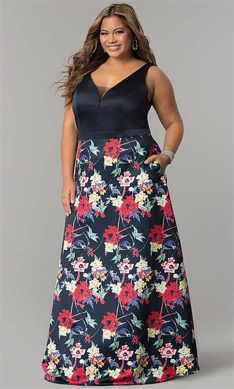 Plus Size Floral Print Long V-Neck Prom Dress | Plus size long dresses ...