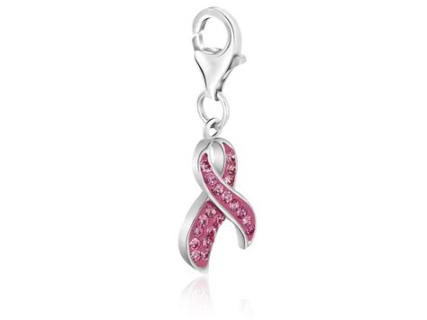 Breast Cancer Ribbon Charm With Pink Tone Crystal Accents In Sterling