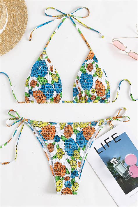 Floral Print Crinkle Triangle Halter Tie Side Bikini Set Floralkini