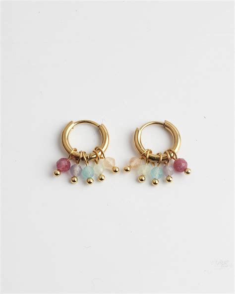 Boucles D Oreilles Pierres Naturelles Multicolores Gina Acier Inox