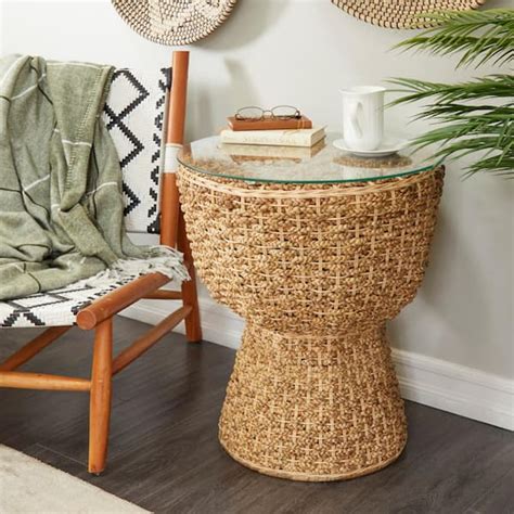 Litton Lane In Brown Handmade Woven Large Round Glass End Table