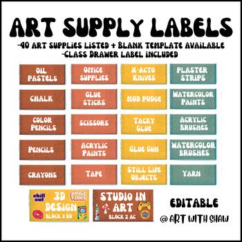 Art Supply Labels/ Drawer Class Labels/ 40 Labels with Blank Template ...