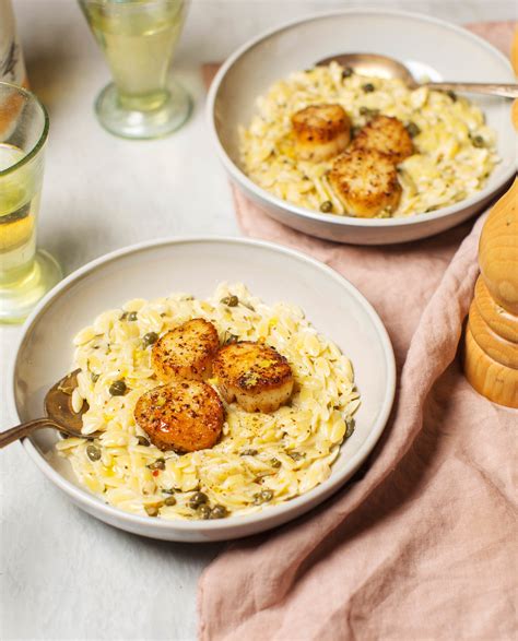 Seared Scallops In A Creamy Lemon Caper Sauce With Orzo R Recipes