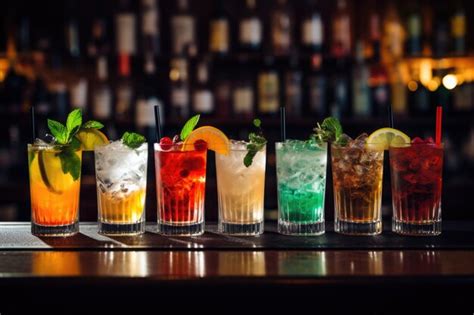 Premium AI Image | beautiful line of colorful alcoholic cocktails in a ...