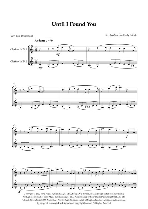 Until I Found You Arr Tom Drummond By Stephen Sanchez Sheet Music For Clarinet Duet At Sheet