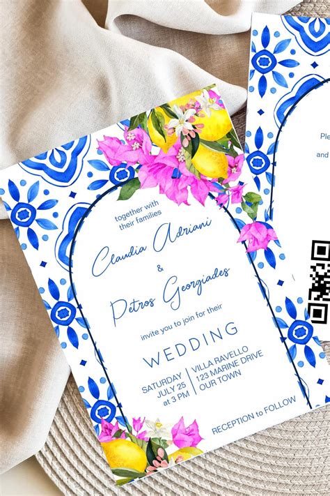 Blue Tiles Bougainvillea Lemons Elegant Wedding Invitation Zazzle