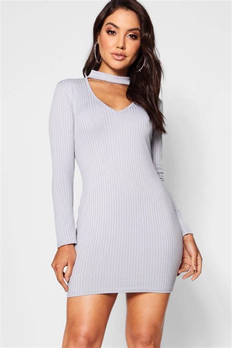 High Neck Plunge Ribbed Bodycon Dress Boohoo Bodycon Dress Bodycon