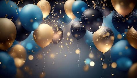 Realistische Feestelijke Achtergrond Met Gouden En Blauwe Ballonnen Confetti Wazige Achtergrond