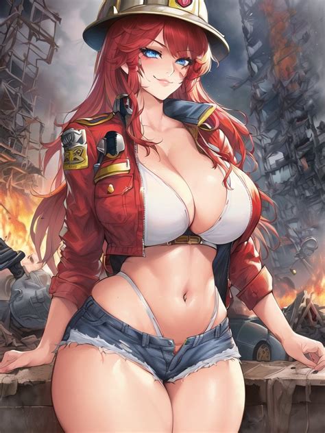 Rule 34 2022 Ai Generated Big Breasts Curvy Female Female Focus Firefighter Highres Long Hair