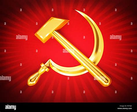 Communist Symbols Hammer And Sickle On Red 3D Illustration Stock Photo