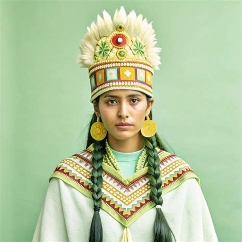 A Woman Wearing A Native American Headdress Stands In Front Of A Green