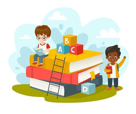 Aprendiendo Niños En La Enorme Pila De Libros Vector Premium